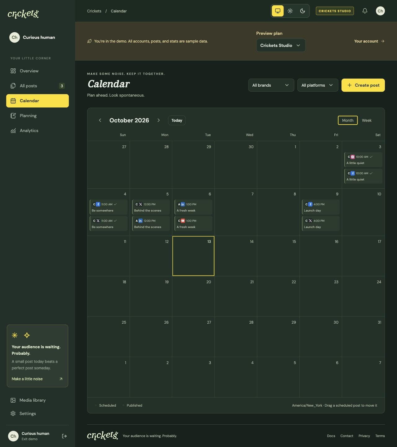 The Crickets calendar with sample scheduled and published posts, brand and platform filters, and delivery status markers.