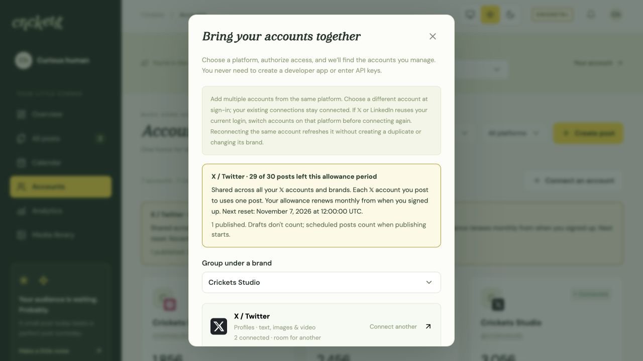 The Connect accounts dialog with platform choices and a brand selector