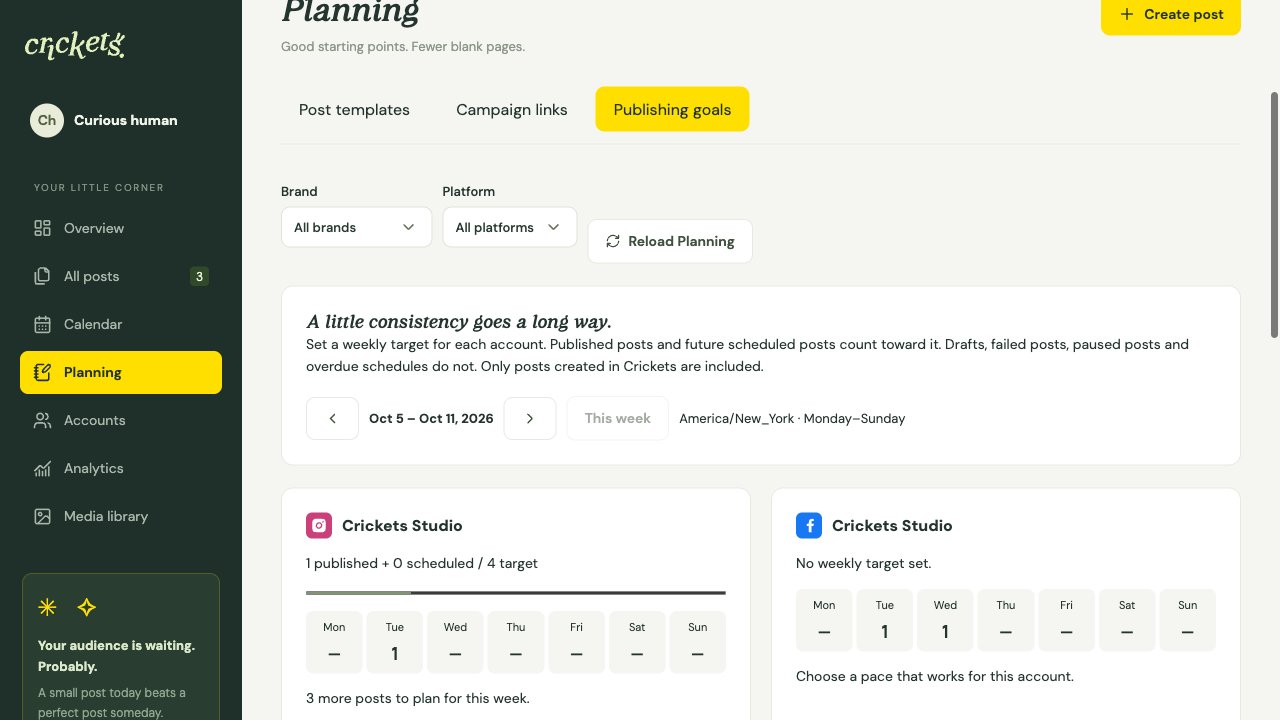 Publishing goals for isolated sample social accounts in Planning